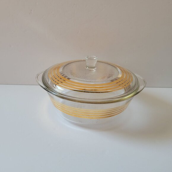 Inlaid Glass Golden Stripe Ovenware Casserole Dish With Lid Vintage Clear Glass - Picture 1 of 8